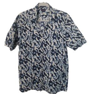 Good Man Mens L Blue White All Over Print Short Sleeves Button Up Shirt Collared